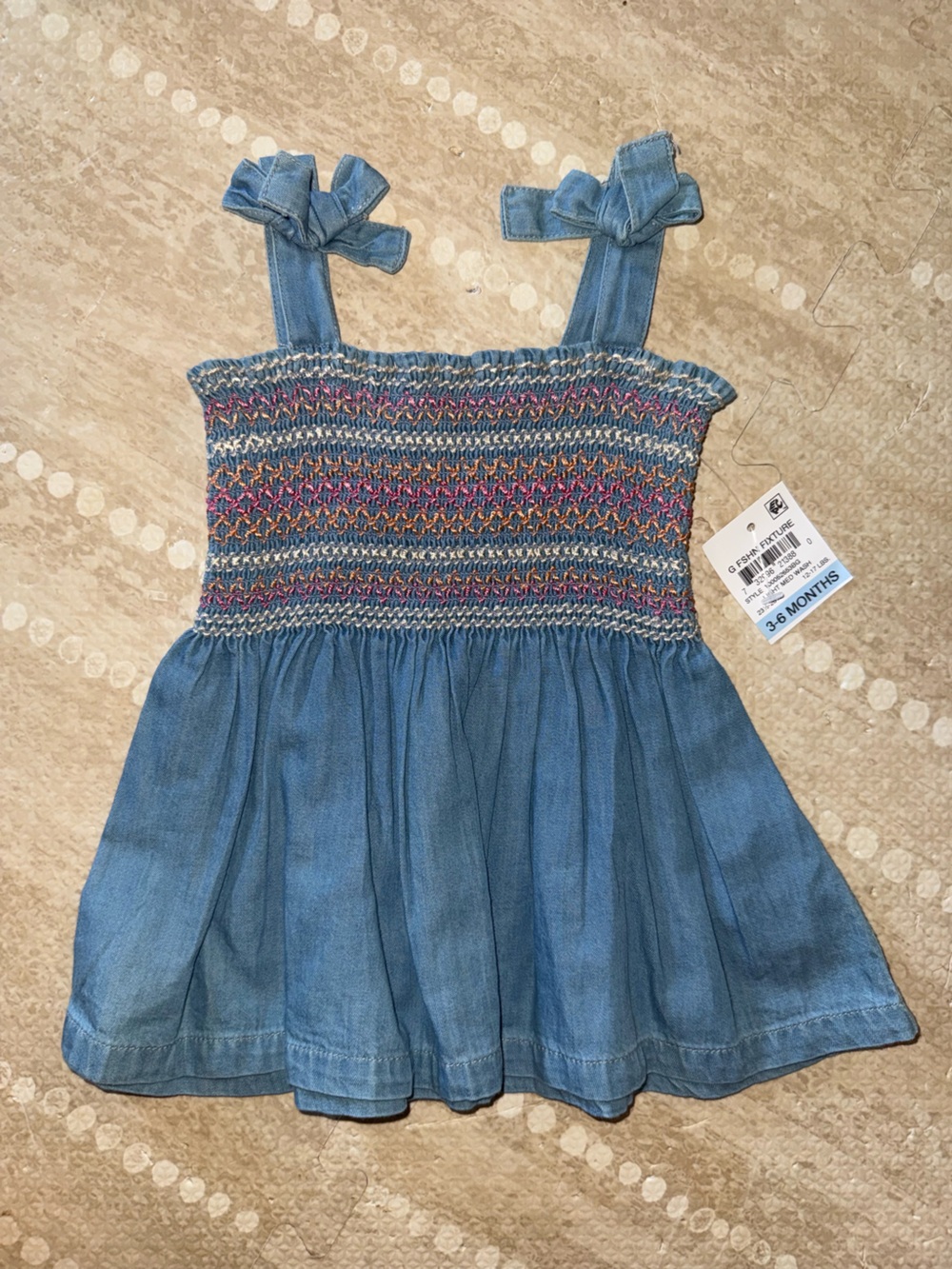 First Impressions Blue Smocked Tie-Shoulder Dress with Multicolor‎ Stitching